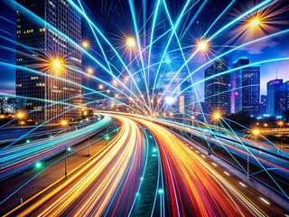 Obraz premium Dynamic Long Exposure of a High-Speed Network, Capturing the Flow of Data and Connectivity in the Virtual Cyberspace for a Futuristic Digital Experience