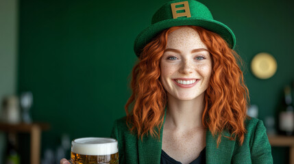 Smiling Woman in Green Attire Enjoys a Pint of Beer at a Lively Pub Decorated for a Festive Occasion