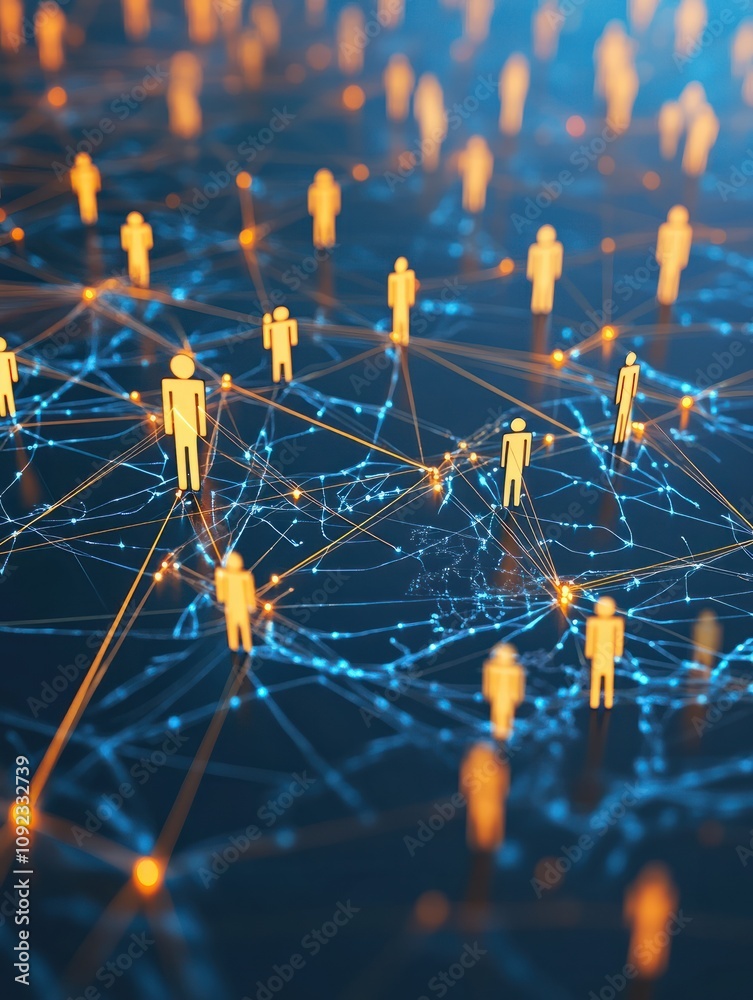 Poster creative glowing connected people icons on blue background with map. population count and digital tr