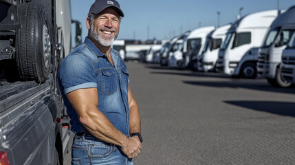 Truck Driver Stands Proudly in a Parking Lot Filled With Large Trucks During a Bright Sunny Day Showcasing the Trucking Industry\'s Hardworking Spirit