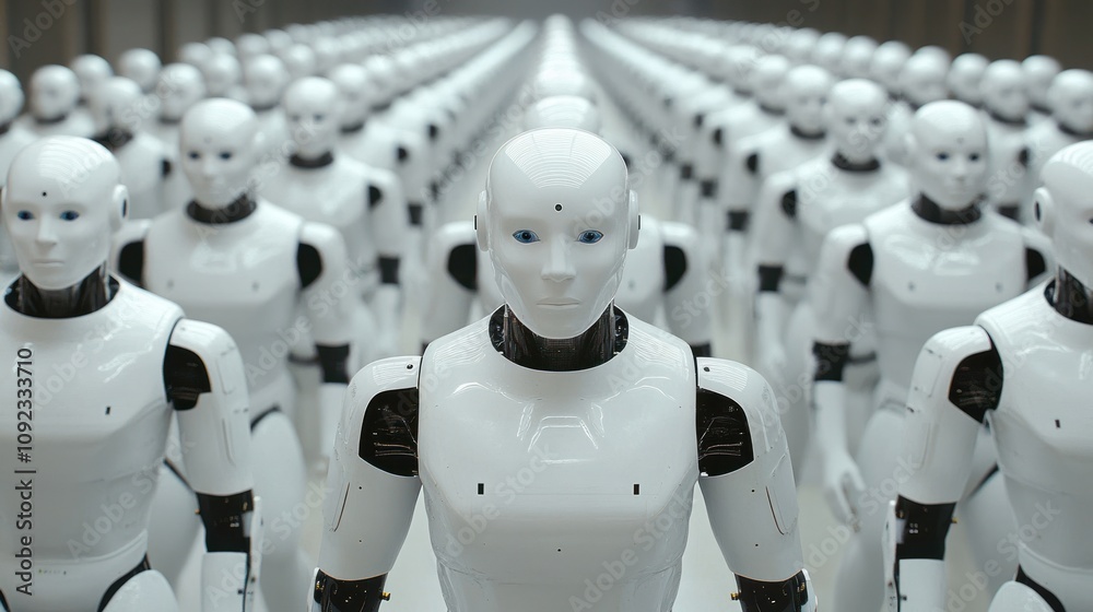 Poster a line of identical humanoid robots stands in formation
