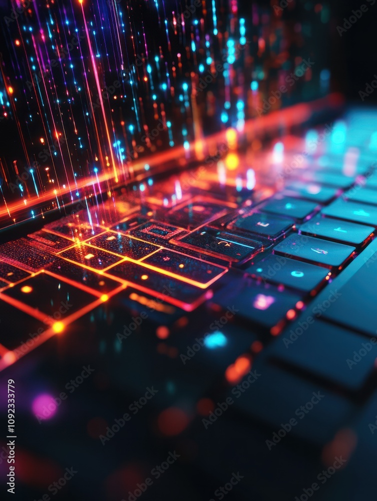 Poster digital world concept with hologram digitalization word and loading bar element icon on laptop keybo