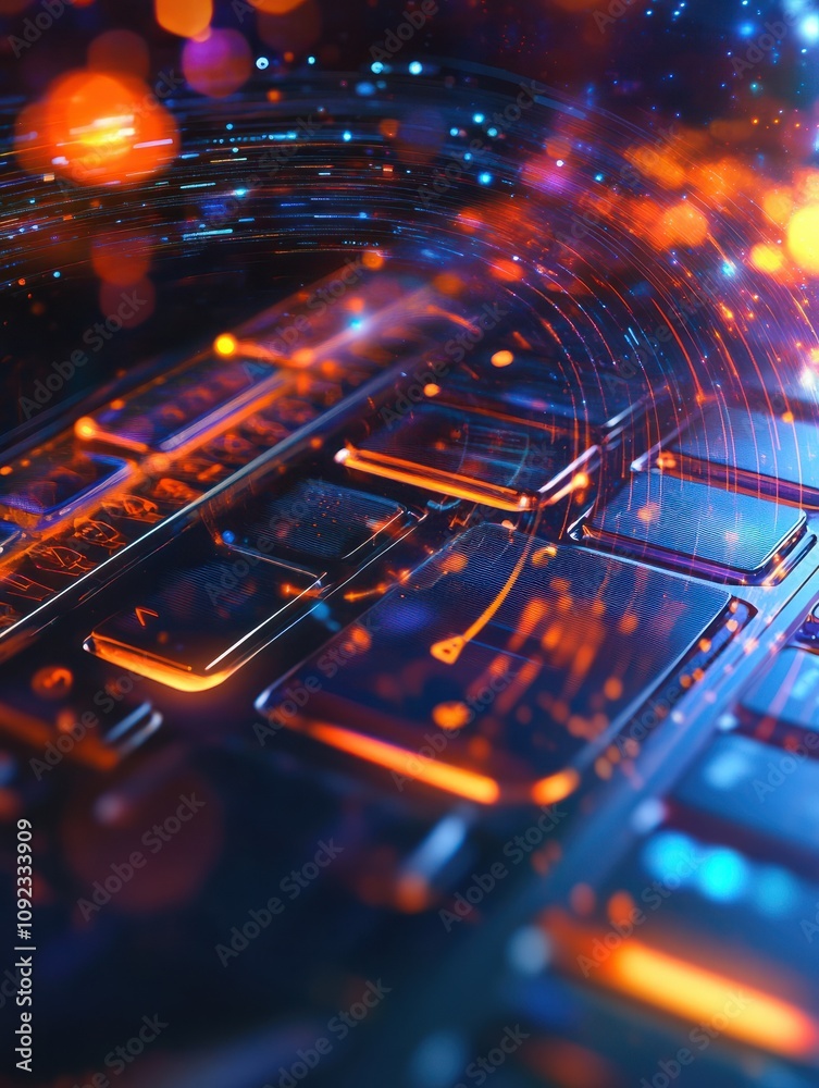 Poster digital world concept with hologram digitalization word and loading bar element icon on laptop keybo