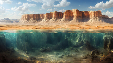 Expansive Artistic Rendering of the Nubian Sandstone Aquifer Revealing Rich Layers and Extensive Water Reservoirs Beneath the Desert