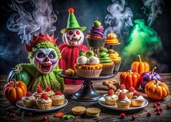 Eerie Food Photography Featuring Scary Clown-Themed Dishes and Treats for Halloween Celebrations and Events with Dark Comedy Aesthetic for Unique Culinary Experiences