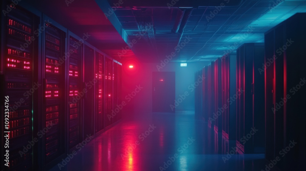 Poster neon lit server room corridor shows data center technology