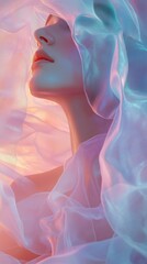 Naklejka premium Ethereal beauty with pastel fabrics and soft light enveloping a caucasian woman