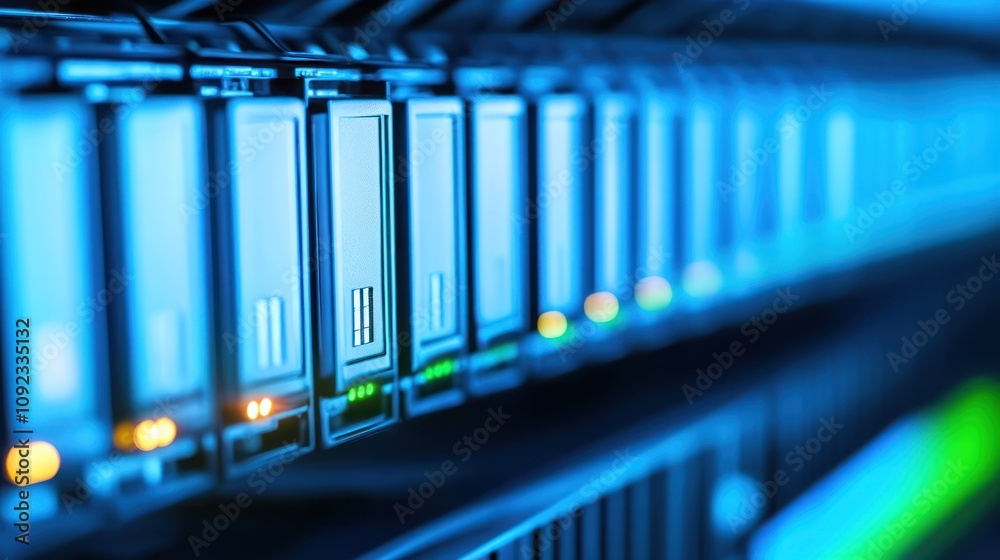 Poster Closeup of Server Rack with Multiple Data Storage Units