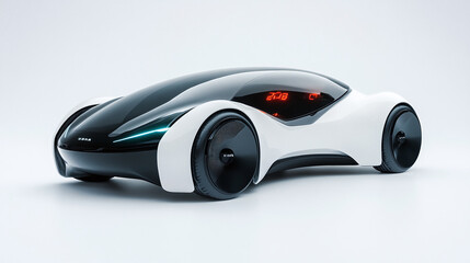A futuristic electric car concept design, with sleek lines and innovative features, displayed against a stark white backdrop to emphasize its cutting-edge technology