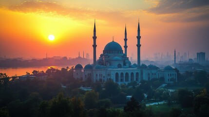 Fototapeta premium A stunning sunset over a mosque, highlighting its architectural beauty and serene atmosphere.