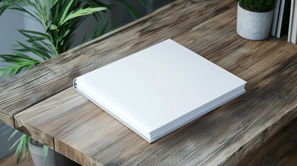 Fototapeta premium .A professional-looking stack of neatly bound office documents with a blank report cover, placed on a wooden desk with a plant, providing space for a project title