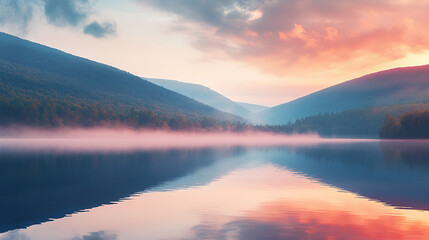Fototapeta premium A serene mountain landscape at sunrise, with mist rolling over the valleys and vibrant colors reflecting in a calm lake, captured in high detail