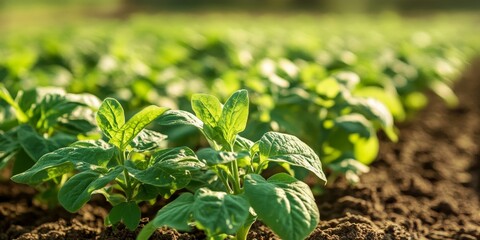 Young potato plants showcasing vibrant green leaves are neatly arranged in rows, thriving under the sunny conditions typical of the end of spring in a cultivated field.