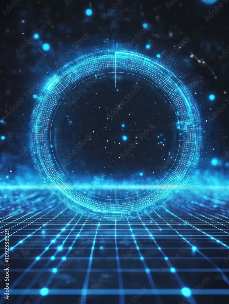 Poster glowing round digital blue interface on dark grid background with mock up place. hud, innovation, di