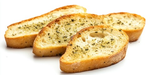 Garlic and herb bread slices showcase the delightful flavors of garlic bread, perfectly displayed against a clean white background for a visually appealing presentation of garlic bread.