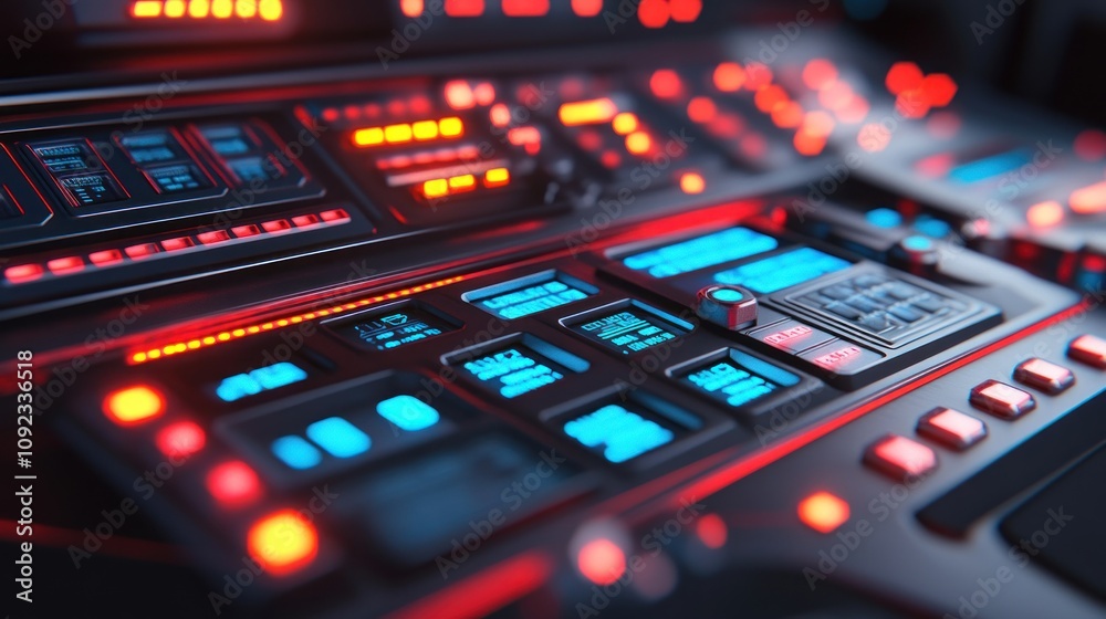 Poster Futuristic Control Panel With Illuminated Buttons And Displays