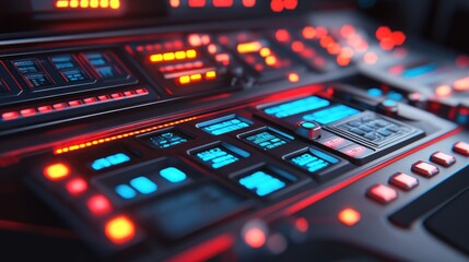 Obraz premium Futuristic Control Panel With Illuminated Buttons And Displays