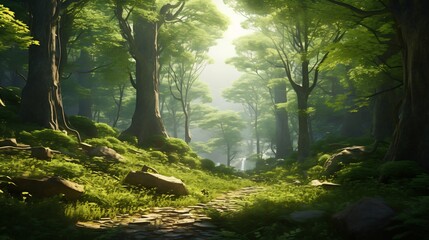Obraz premium Lush Verdant Forest with Captivating Sunlight Rays Filtering Through the Canopy