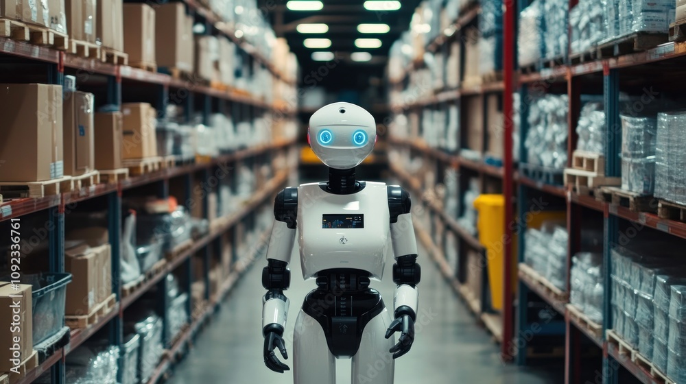 Poster white robot in a modern warehouse setting