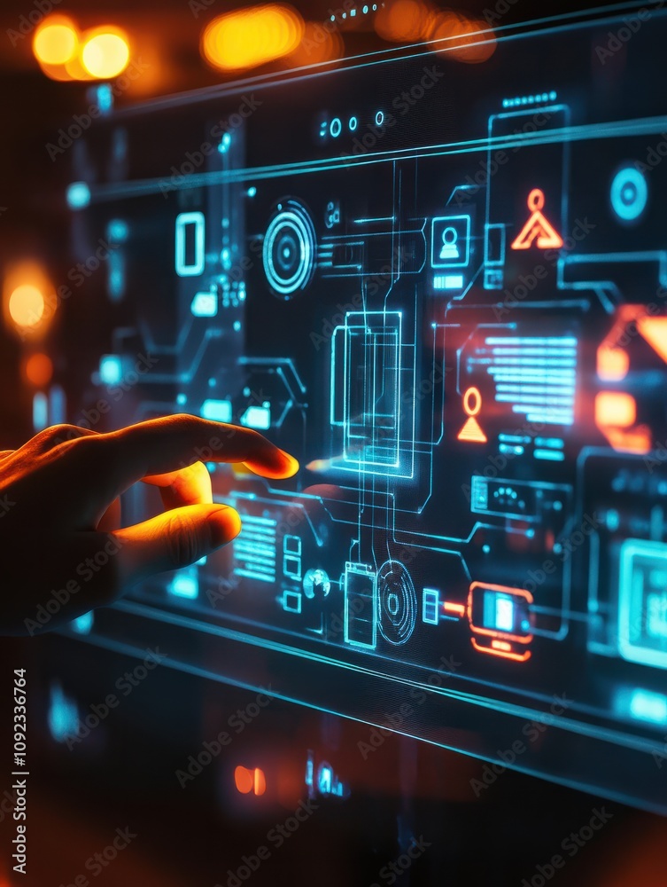 Poster hand using glowing digital communication and security interface on screen. global business and commu