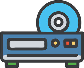 DVD Player with Disc Inserted Icon, Colorful illustration of a DVD player with a visible inserted disc, symbolizing home video playback, multimedia devices, and entertainment systems.
