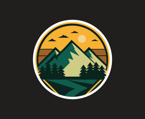 Mountain Wilderness t-shirts Design_Scenic Alpine Forest Badge_ Nature and Adventure Graphic. Vector illustration