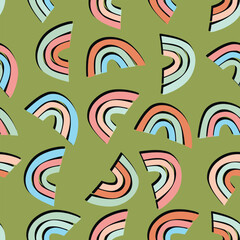 Naklejka premium Trendy seamless pattern with colorful rainbow on color background. Design for invitation, poster, card, fabric, textile, fabric. Cute holiday illustration for baby. Scandinavian doodle style.