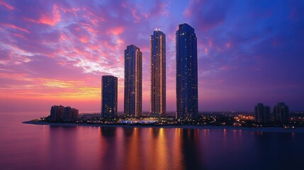 Fototapeta premium A stunning sunset view of modern skyscrapers reflecting in the water.