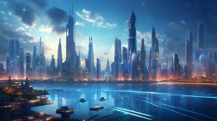 Obraz premium Futuristic Cityscape with Glowing Holographic Skyscrapers and Reflecting Waters
