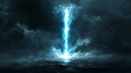 Fototapeta premium luminous protective firewall emerges from turbulent waters, illuminating dark stormy sky with striking blue light. This captivating scene evokes sense of wonder and mystery