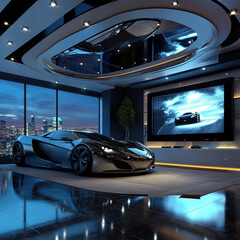 A digital smart car featuring advanced technology, displayed in a virtual room.






