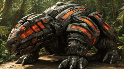 Futuristic robotic turtle in a dense jungle setting, showcasing intricate details and vibrant glowing elements reflecting advanced design and technology in nature.