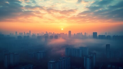 Fototapeta premium City Skyline Sunrise Foggy Urban Landscape