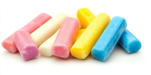 Tasty chewing gum sticks displayed in isolation on a white background, showcasing the vibrant colors and appealing textures of these delicious chewing gum options for all gum lovers.