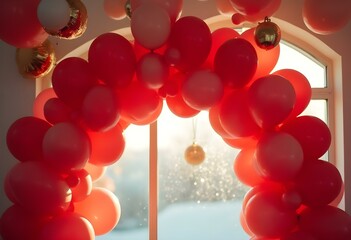 Festive Balloon Arch in Holiday Decorated Venue balloons are red and shiny the balloons are red and shiny. there are metallic colored balloons in between