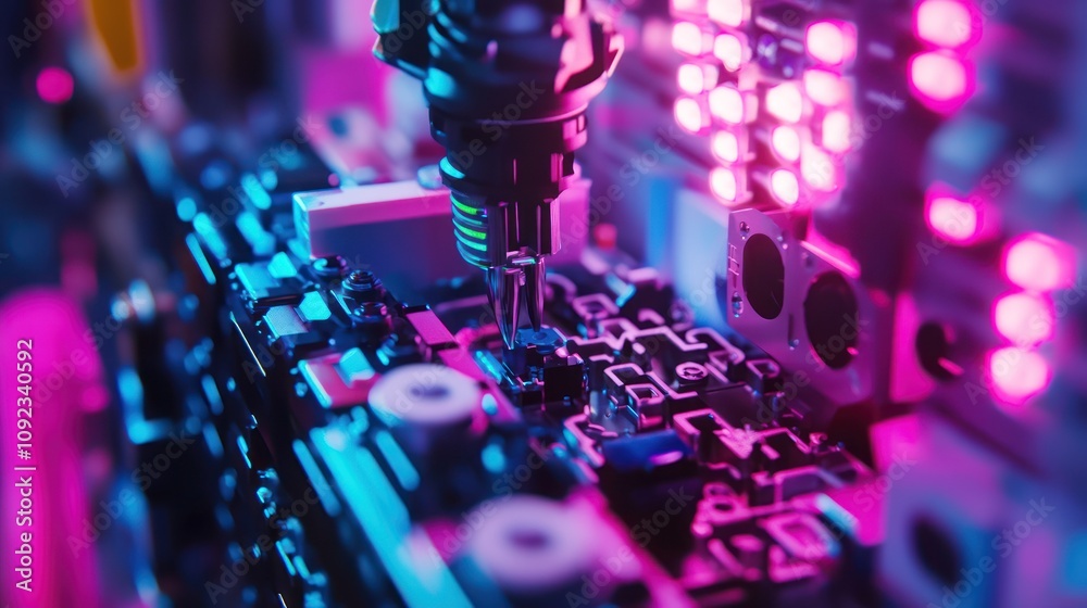 Poster robotic arm assembling circuit board in neon light