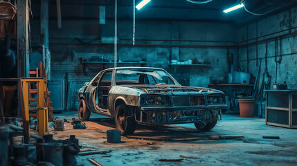 Naklejka premium Abandoned Classic Car in Dimly Lit Garage Workshop