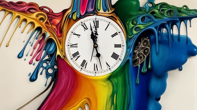 Video footage of clock with Roman numerals is surrounded by vibrant, dripping paint in various colors, creating a melting effect, blending art and time in a unique and colorful design