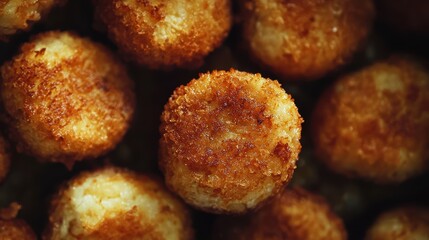 Golden Brown Breaded Potato Croquettes Close Up, Crispy Texture with Deliciously Appetizing Appearance, Ideal for Snack and Appetizer Presentation