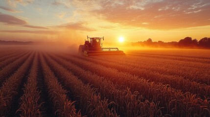 Fototapeta premium A tractor harvesting crops at sunset, creating a serene agricultural scene.