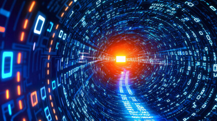 Fototapeta premium digital tunnel filled with glowing binary code and bright light at end, creating sense of depth and movement. vibrant colors evoke futuristic atmosphere