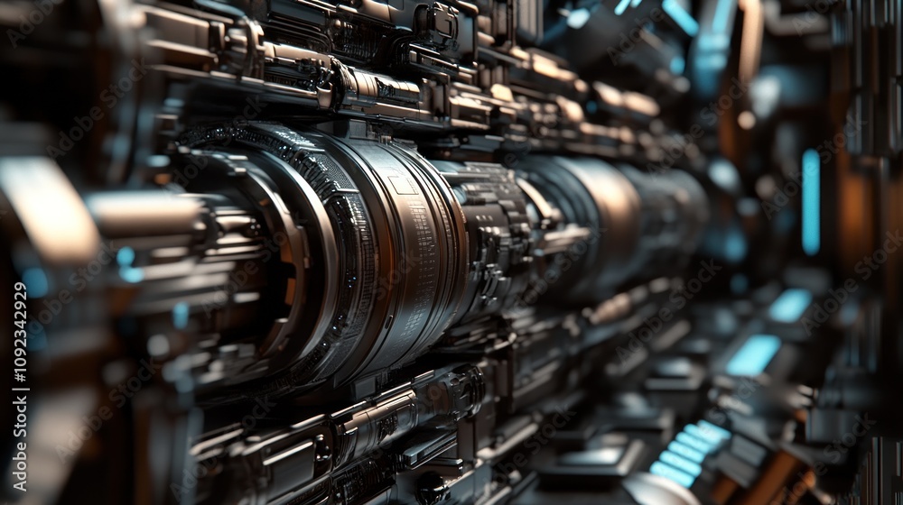Poster futuristic machine complex internal mechanism detail