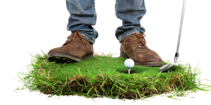 Close-up shot of a golfer's feet on a putting green, ready to take a shot. - Powered by Adobe