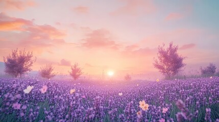 Fototapeta premium Wonderful nature landscape, amazing sunset scenery with blooming lavender flowers. Moody sky, pastel colors on bright landscape view. Floral panoramic meadow nature in lines with trees and horizon
