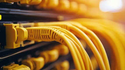 Close-up of Yellow Ethernet Cables Plugged into Server Rack