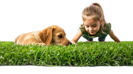 Adorable Golden Retriever Puppy and Little Girl Playing on the Grass