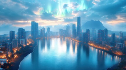Fototapeta premium A serene cityscape at dusk with northern lights illuminating the skyline and water.