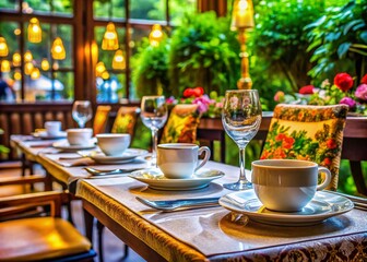 Elegant Empty Table Setting in a Restaurant with Close-Up Macro Photography Showcasing Tabletop Details and Ambiance for Dining Experience Promotion
