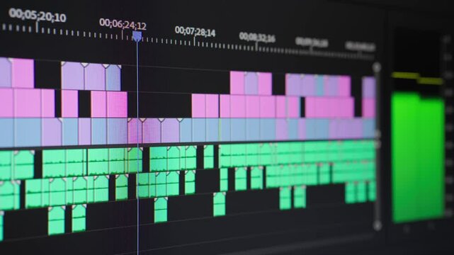 Video editing. Playhead moving through the timeline. Audio level meter in the background. Screen close up