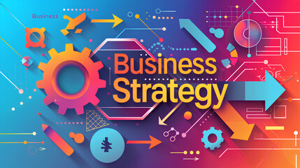Bold typography "Business Strategy" surrounded by arrows, gears, and analytics icons on a modern gradient background 